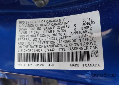 2019 Honda Civic Lx z USA, uszkodzony, nr VIN 2HGFC2F65KH574442